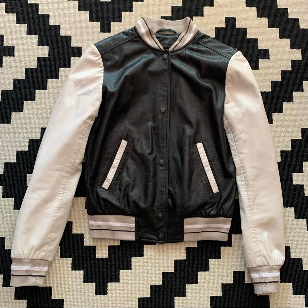 Black White Colourblock Leather Bomber Jacket